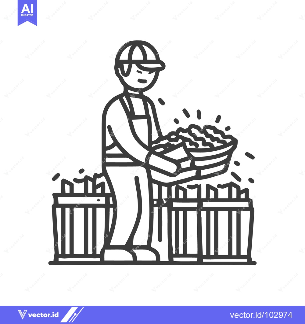 Premium Vector of Minimalist Line Art Icon: Farmer Holding Basket of Fresh Harvested Pro