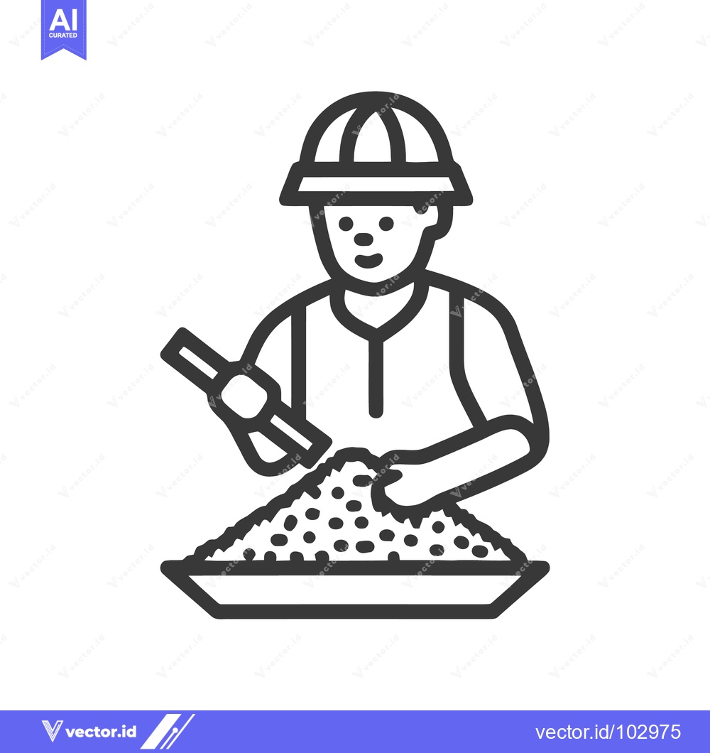 Premium Vector of Worker in Hard Hat Mixing Granular Material with Tool, Simple Line Art