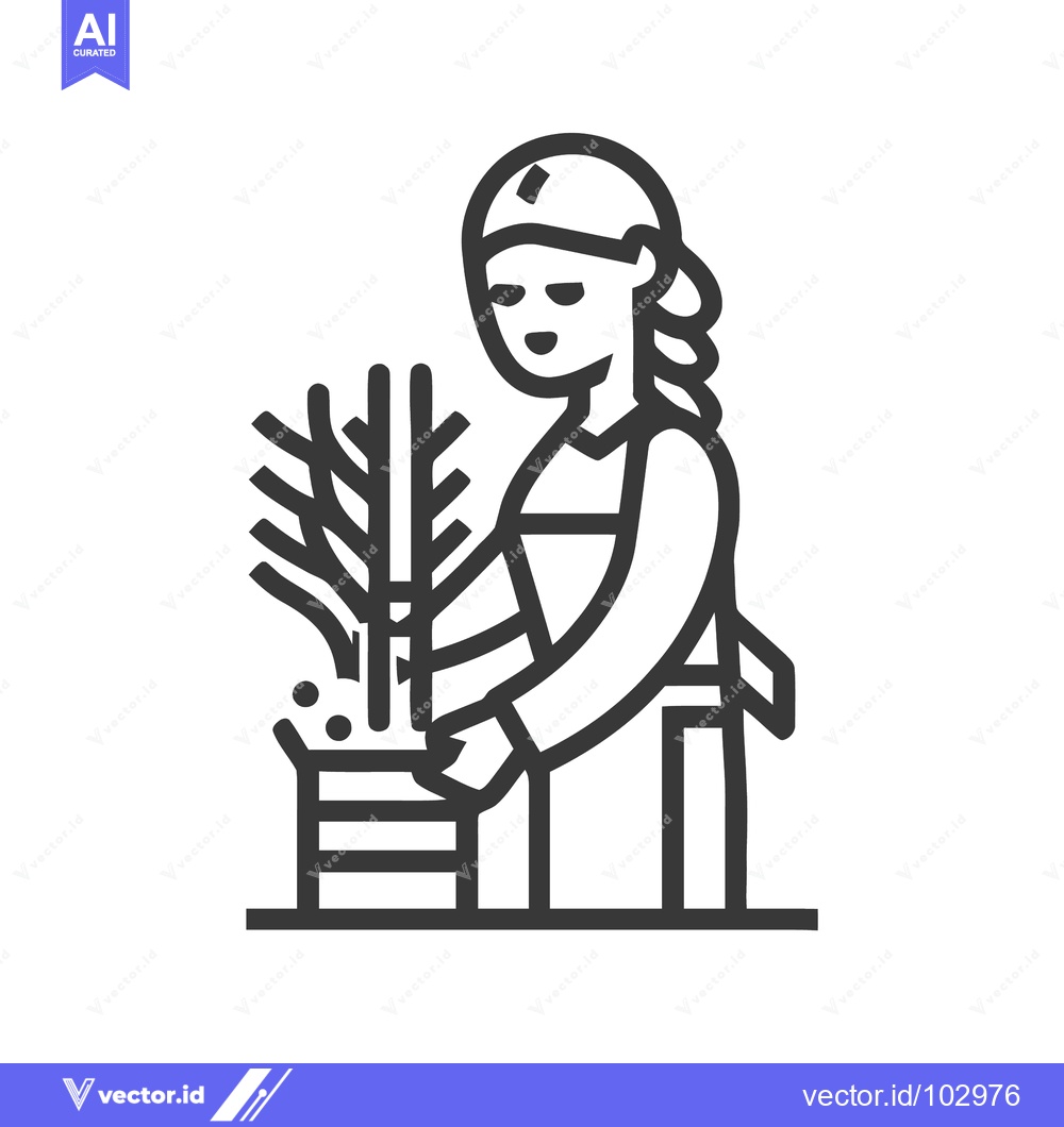 Premium Vector dari Monochrome Line Art Icon of a Woman Gardener Planting a Sprouting Seed