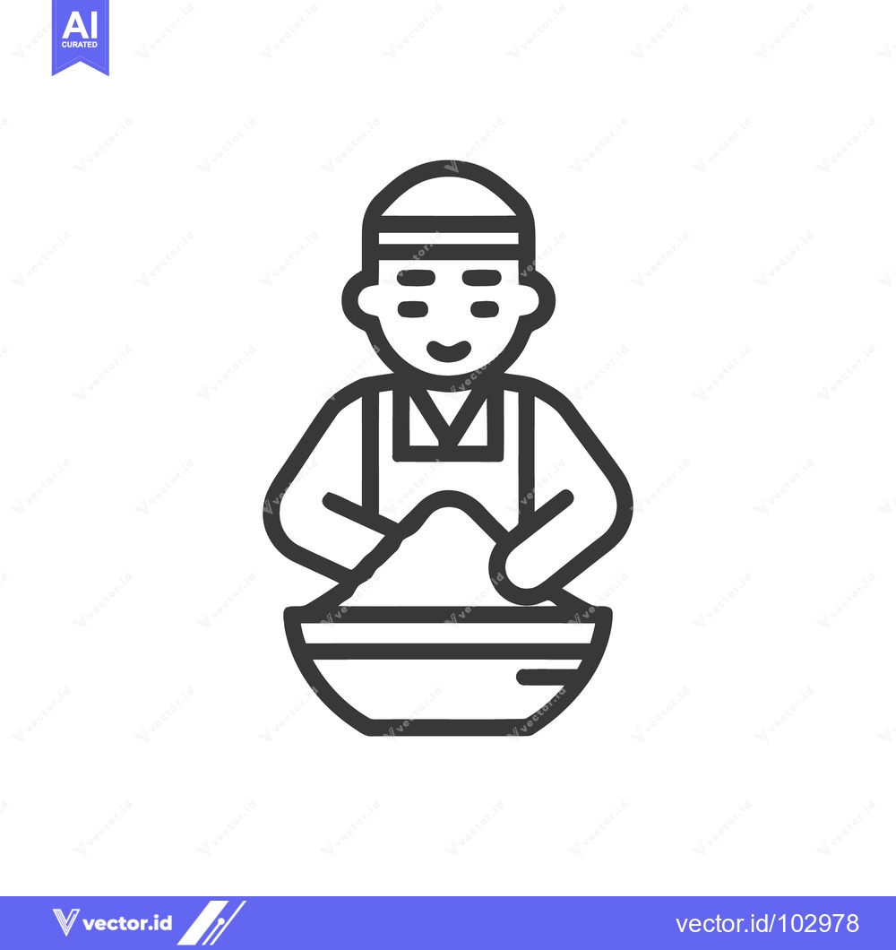 Premium Vector dari Monochrome Line Art Icon: Happy Chef Mixing Dough in Bowl, Representin