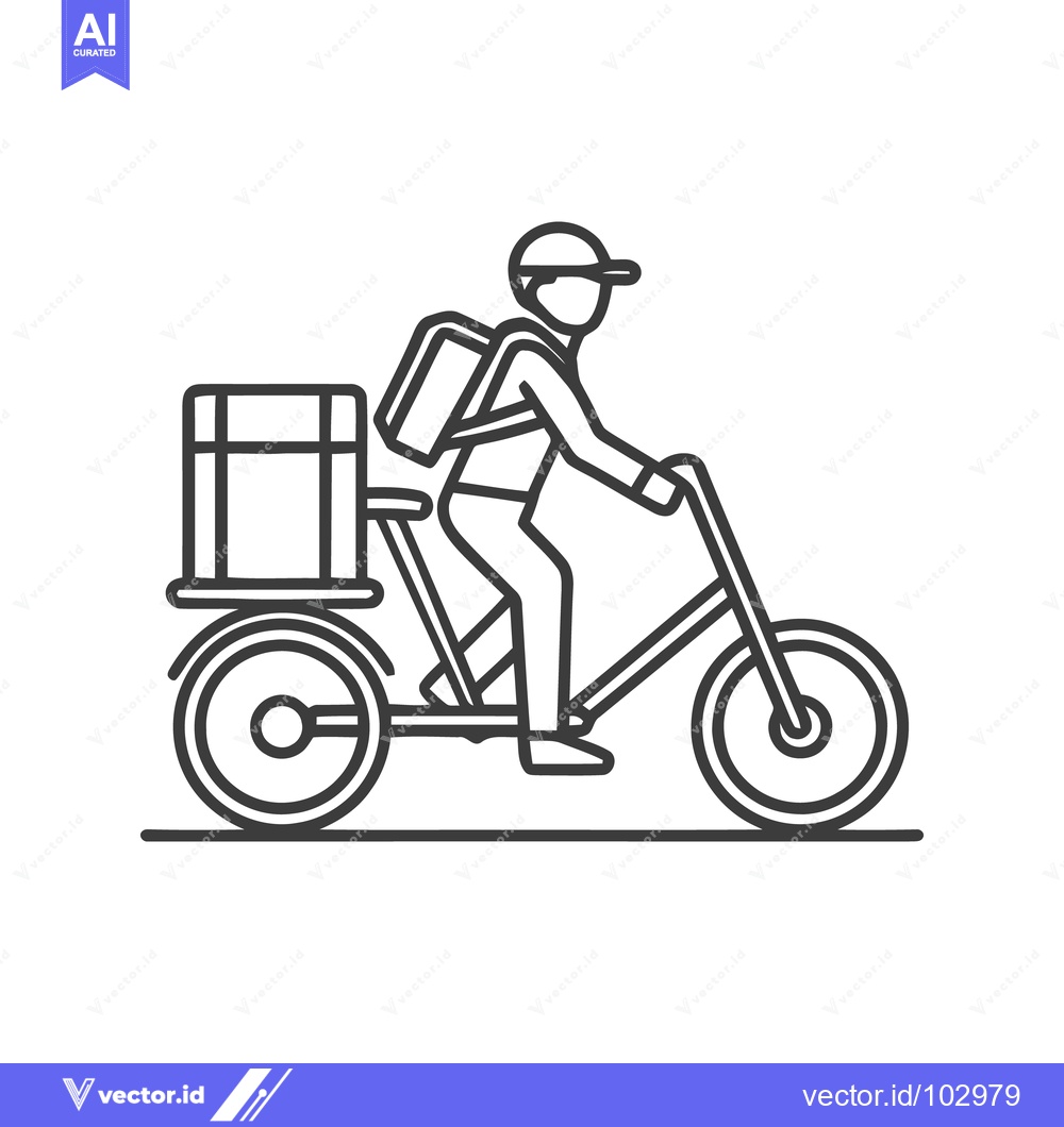 Premium Vector of Sleek Line Art Icon of a Delivery Person on a Bicycle with a Large Rea