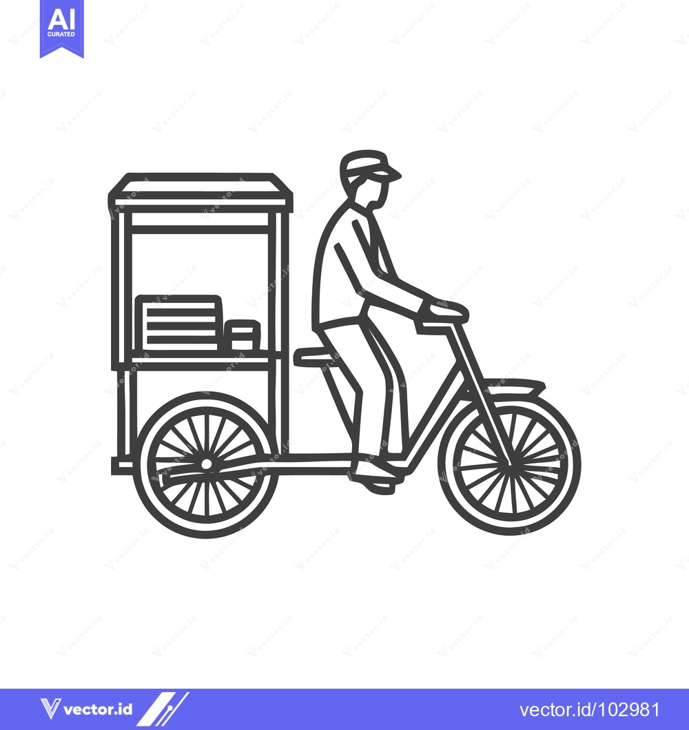 Premium Vector of Minimalist Line Art Icon: Street Vendor on Cargo Bicycle with Front Ca