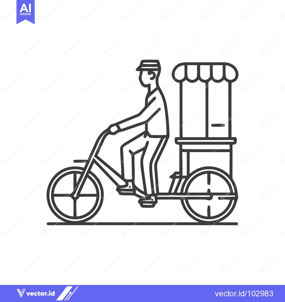 Premium Vector dari Minimalist Line Art Icon: Street Vendor on Cargo Tricycle with Mobile
