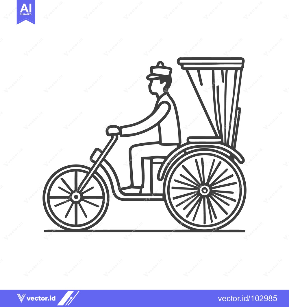 Premium Vector of Classic Rickshaw Pedicab with Driver Line Art Icon, Traditional Urban
