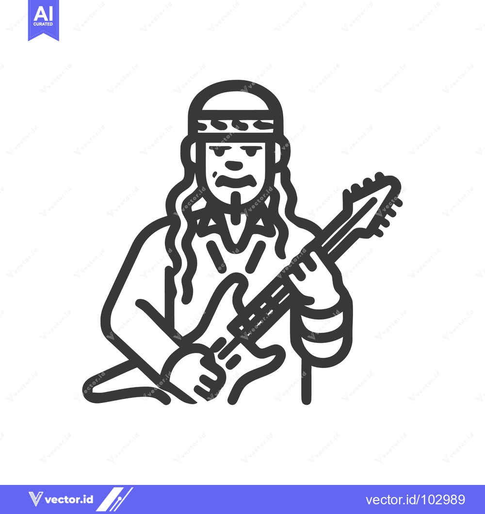Premium Vector of Minimalist Line Art Icon of a Rock Guitarist with Long Hair and Headba