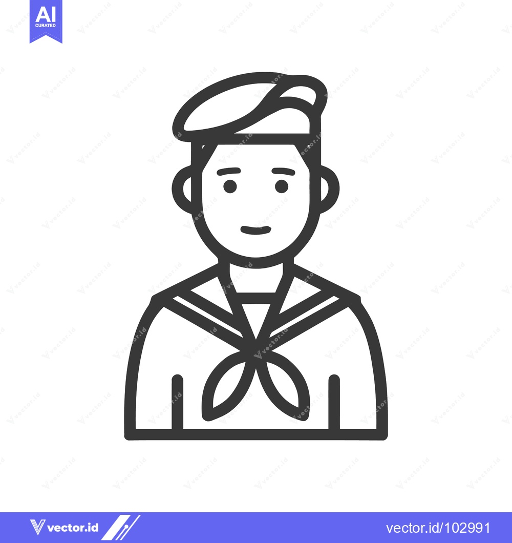 Premium Vector of Smiling Sailor Character Line Art Icon with Beret and Nautical Collar