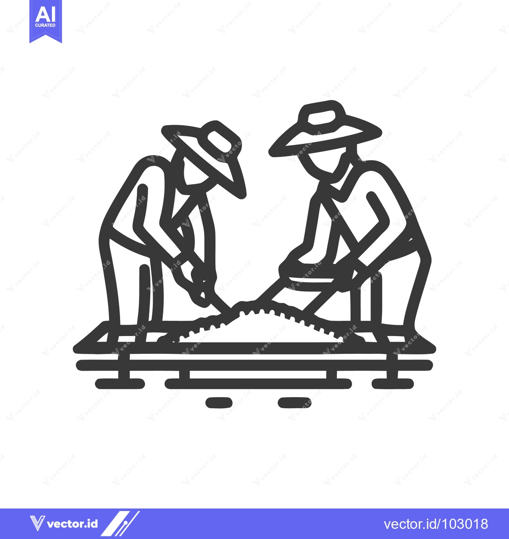 Premium Vector dari Monochrome Line Art Icon: Two Farmers Processing Rice or Grain on a Ma