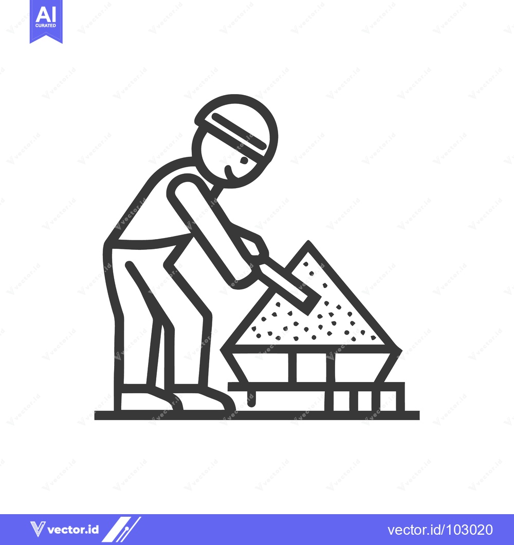 Premium Vector of Simple Line Art Icon: Worker in Hard Hat Mixing Building Materials wit