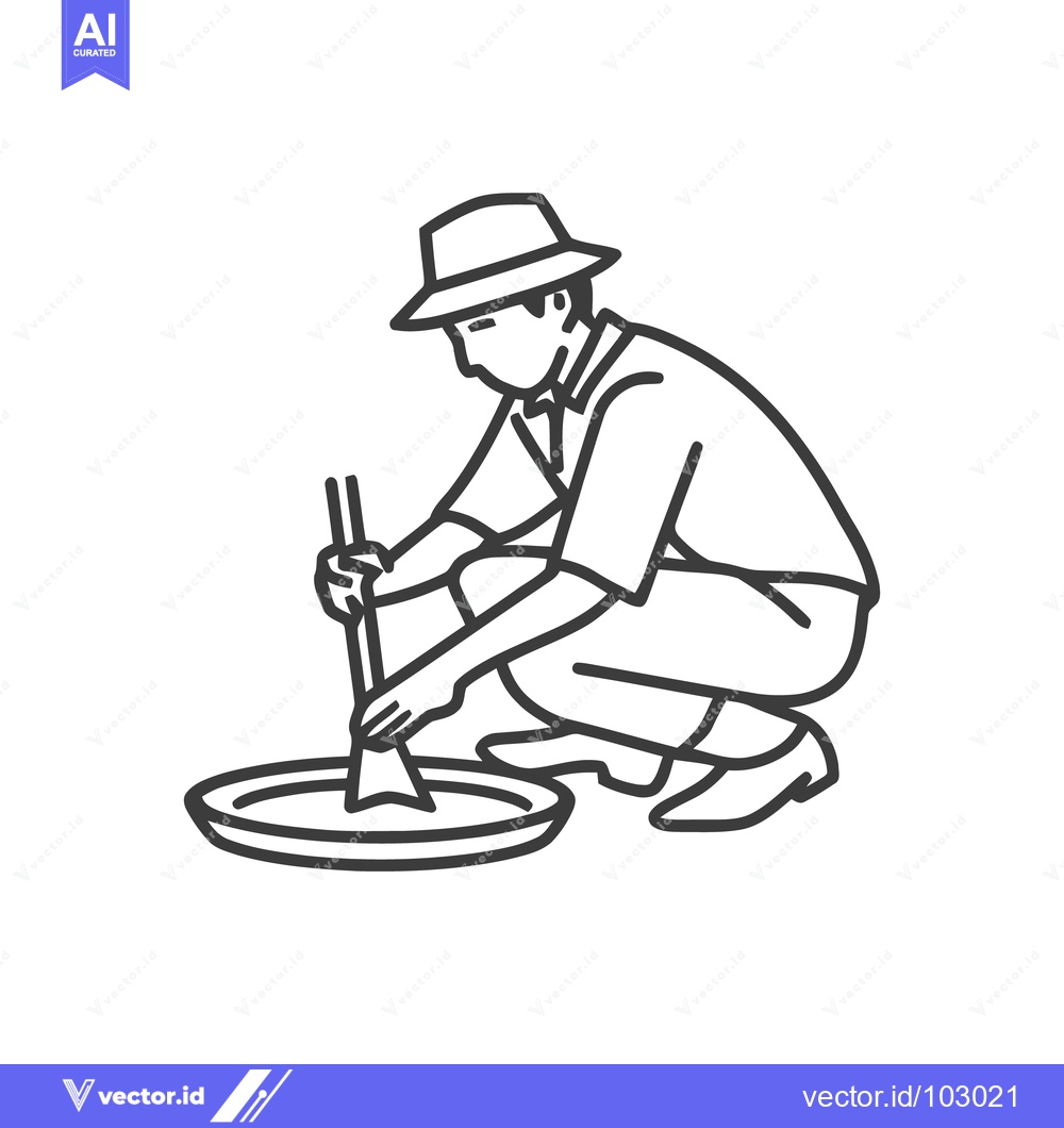Premium Vector dari Stylized Line Art Icon of a Gold Prospector Sifting Material in a Pann