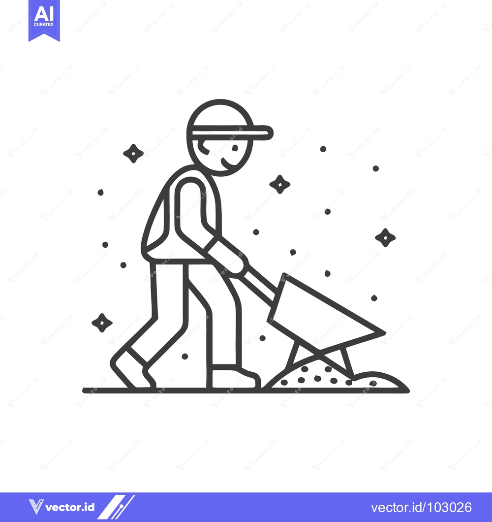 Premium Vector dari Minimalist Line Art Icon of Worker Shoveling Material with Cap and Smi