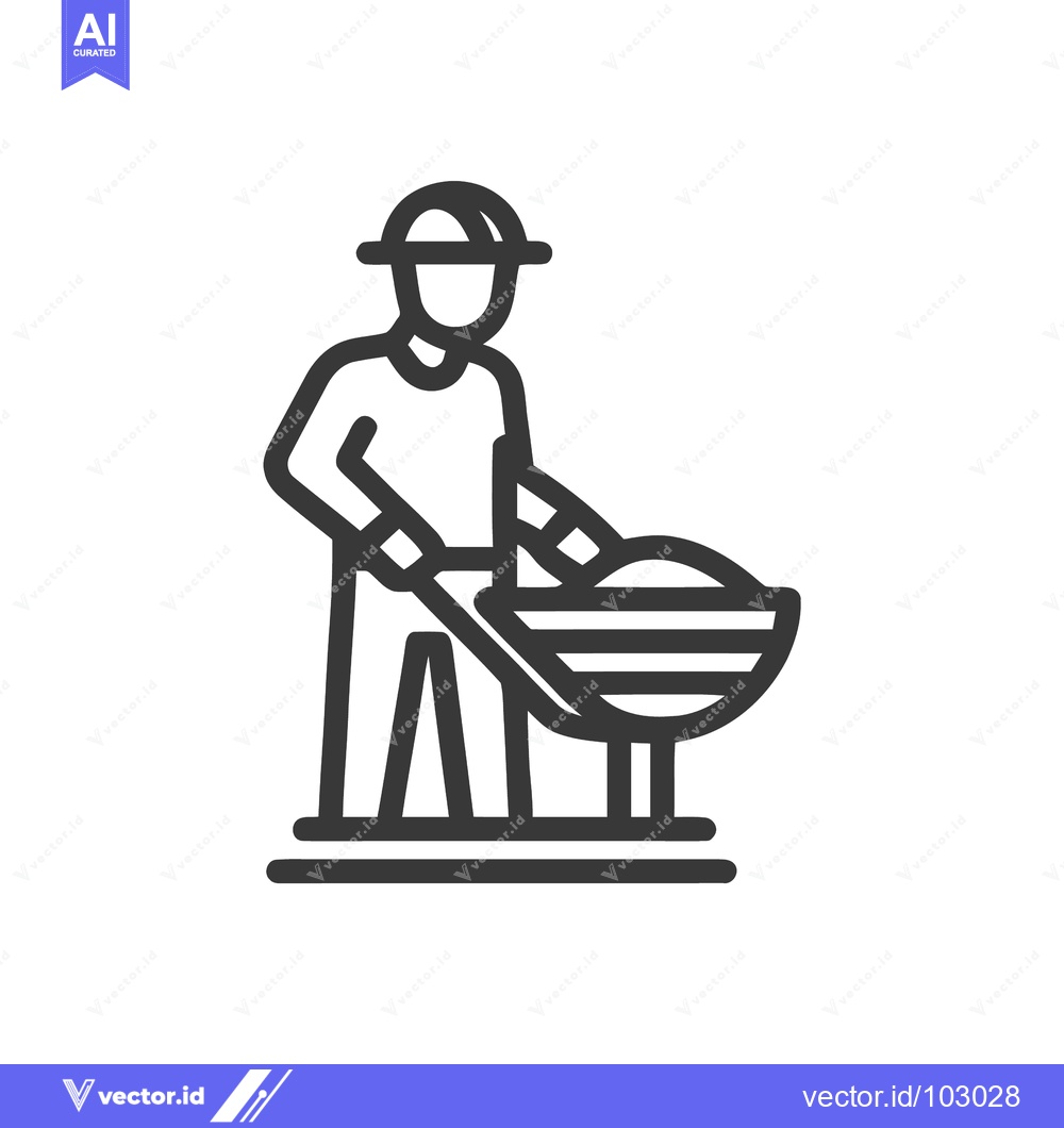 Premium Vector of Construction Worker Icon with Wheelbarrow in Minimalist Line Art Style