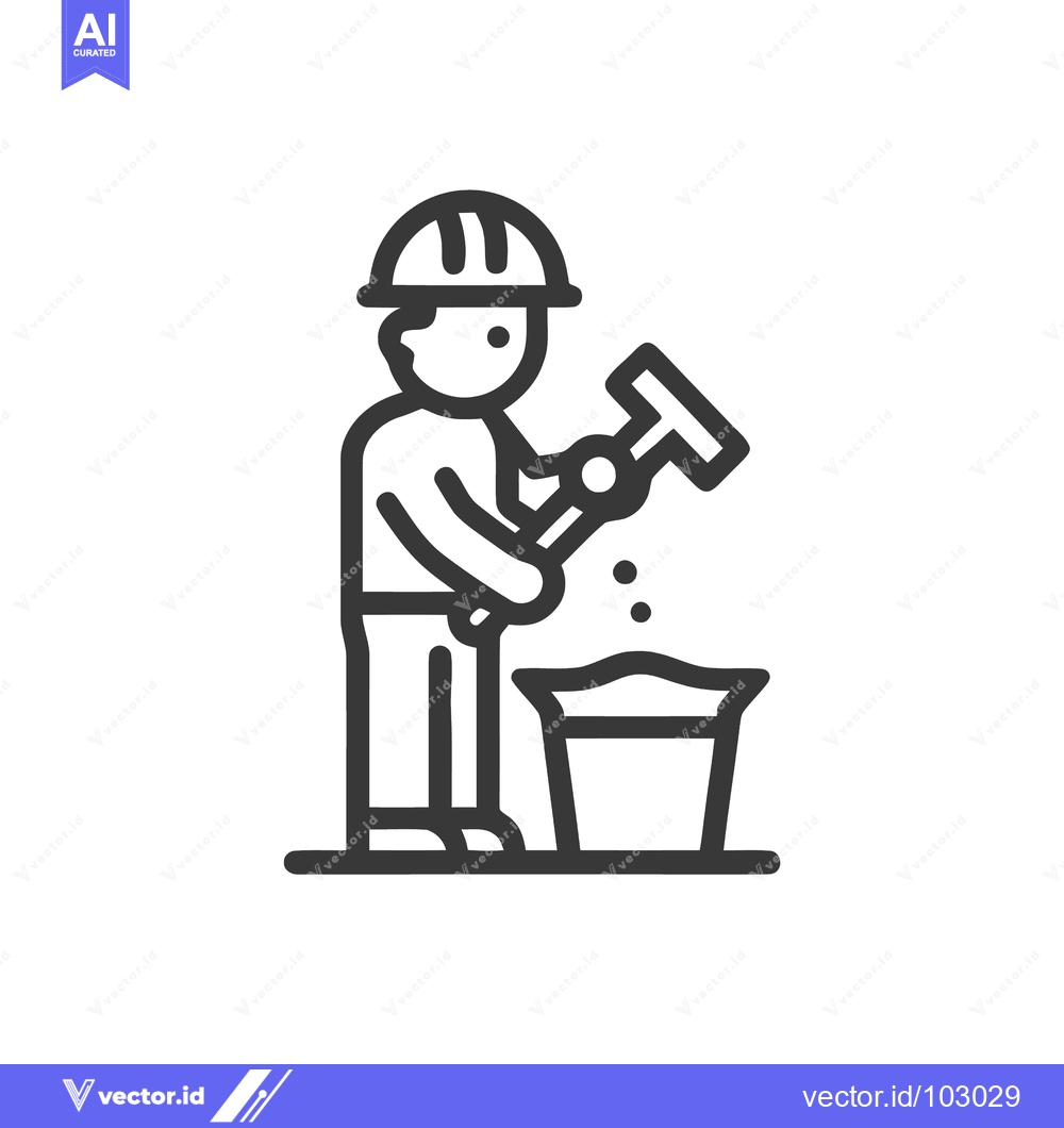 Premium Vector dari Monochrome Line Art Icon of Construction Worker Mixing Cement in Bucke