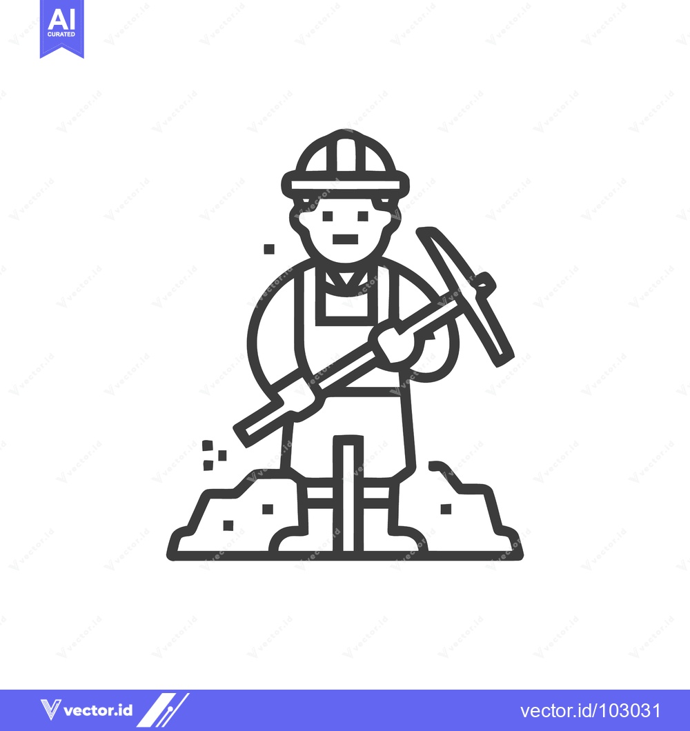 Premium Vector of Clean Line Art Icon of a Miner with Pickaxe and Hard Hat, Depicting Di