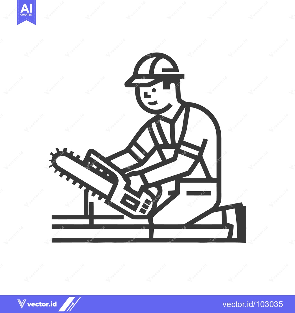 Premium Vector of Minimalist Line Art Icon of Worker in Hard Hat Kneeling, Operating Cha