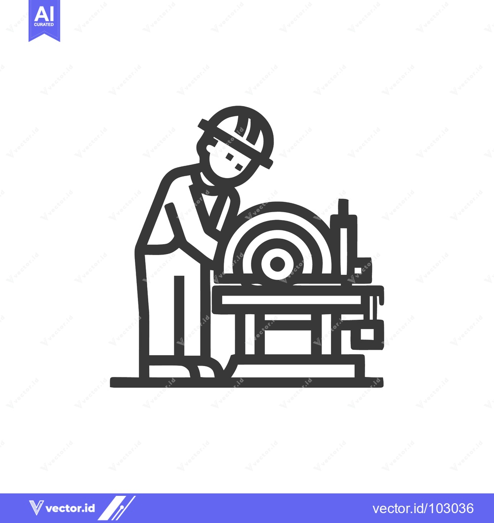 Premium Vector of Minimalist Line Art Icon of Industrial Worker Operating Circular Saw M