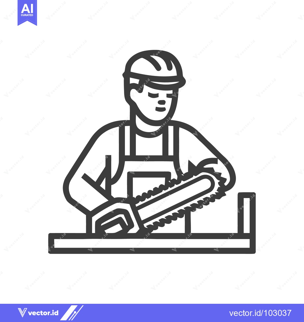 Premium Vector dari Minimalist Line Icon of a Worker in Hard Hat Cutting Wood with a Chain