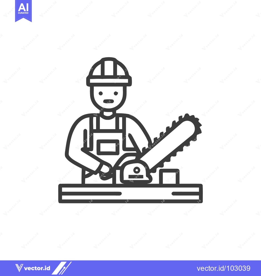 Premium Vector dari Worker in Hard Hat Cutting Wood with Chainsaw Line Icon