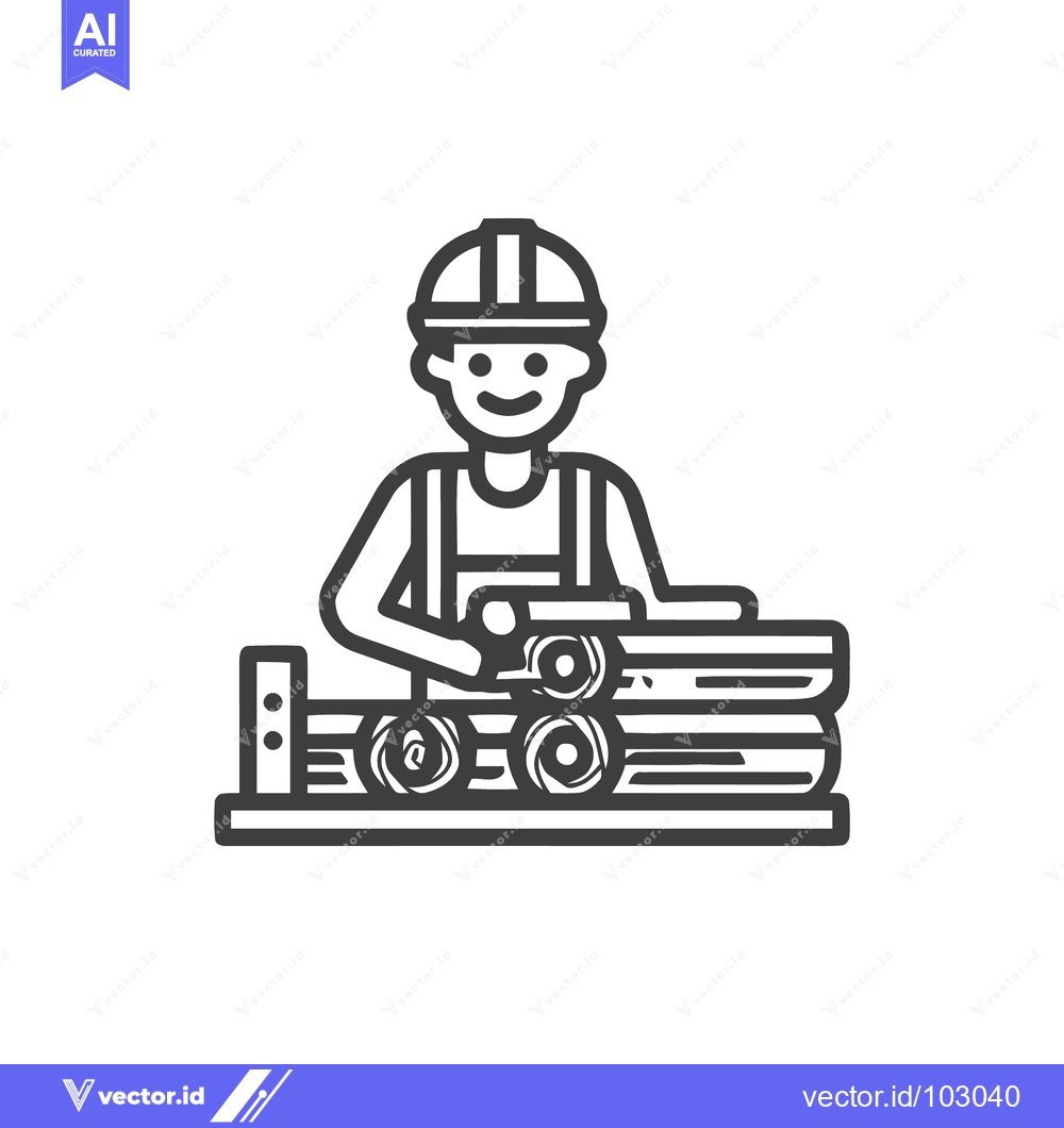 Premium Vector dari Smiling Woodworker in Hard Hat with Stacked Logs Line Art Icon