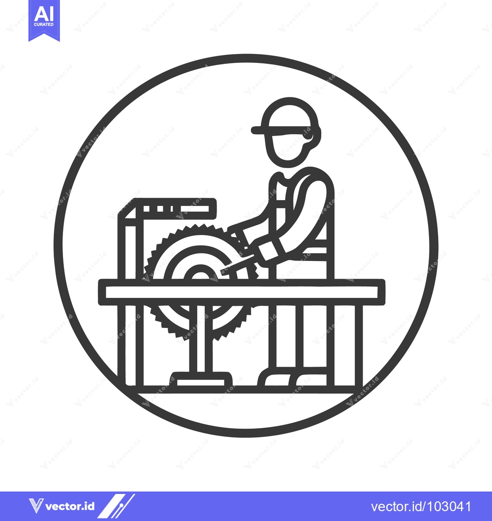 Premium Vector of Black and White Line Art Icon: Carpenter Operating Table Saw for Woodw