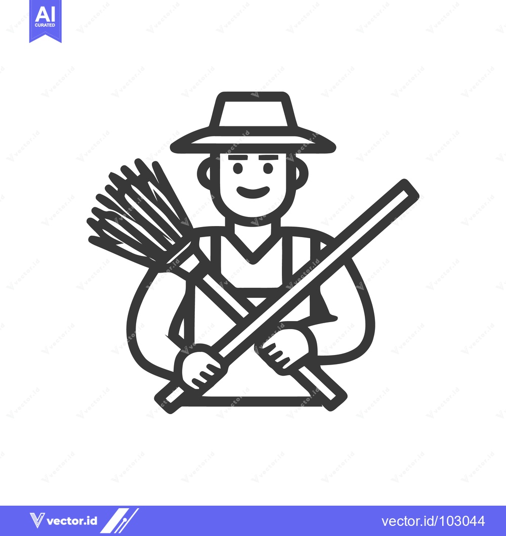 Premium Vector of Smiling Line Art Icon of a Happy Worker in a Straw Hat Holding a Broom