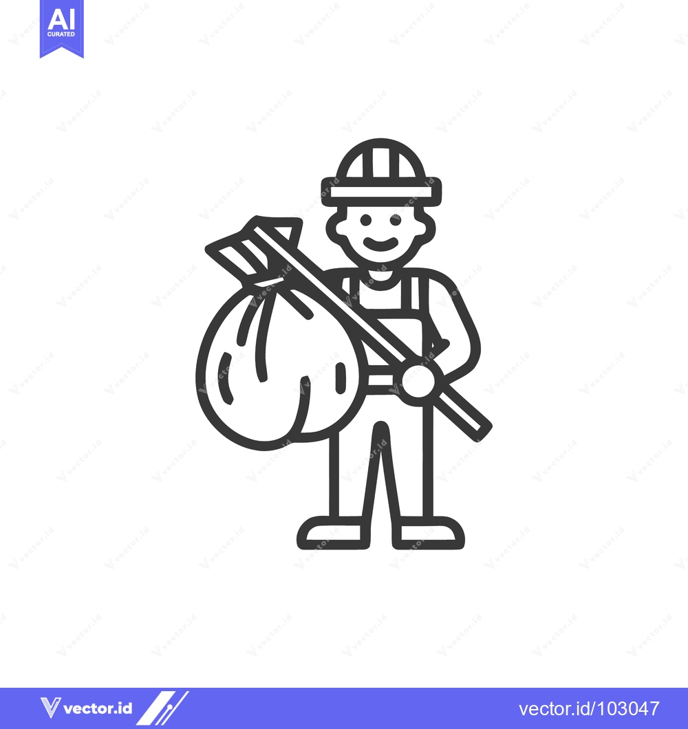 Premium Vector dari Happy Line Art Icon: Smiling Worker or Traveler with Sack on Stick