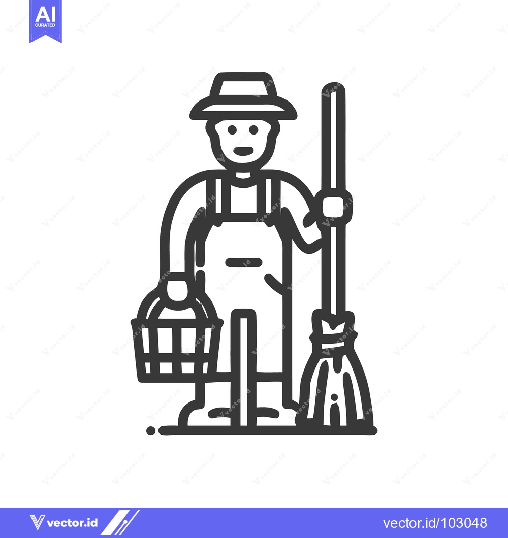 Premium Vector of Charming Line Art Gardener Icon with Basket and Broom on White Backgro