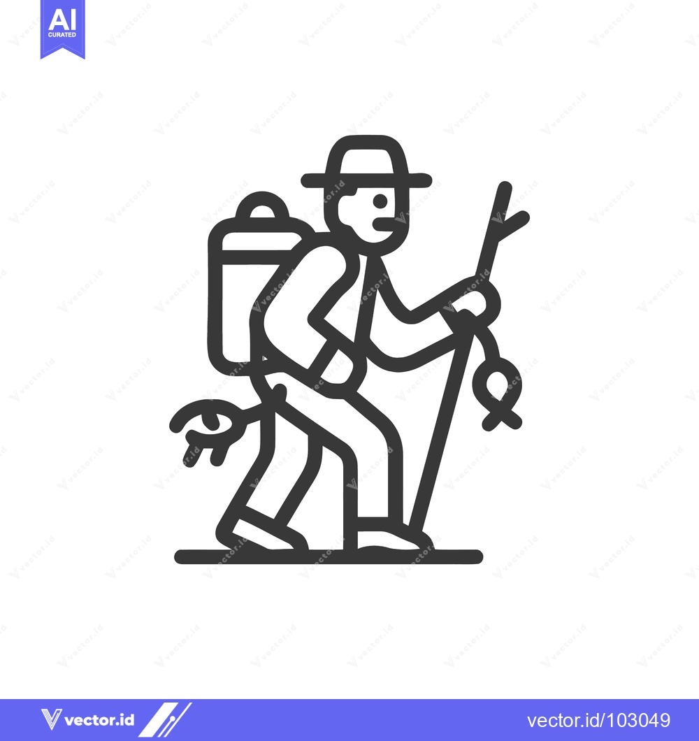 Premium Vector dari Monochrome Line Art Icon: Man with Backpack, Hat, Fishing Rod, and Fre