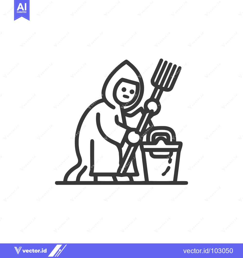 Premium Vector dari Minimalist Line Art Icon: Hooded Figure with Pitchfork and Bucket for