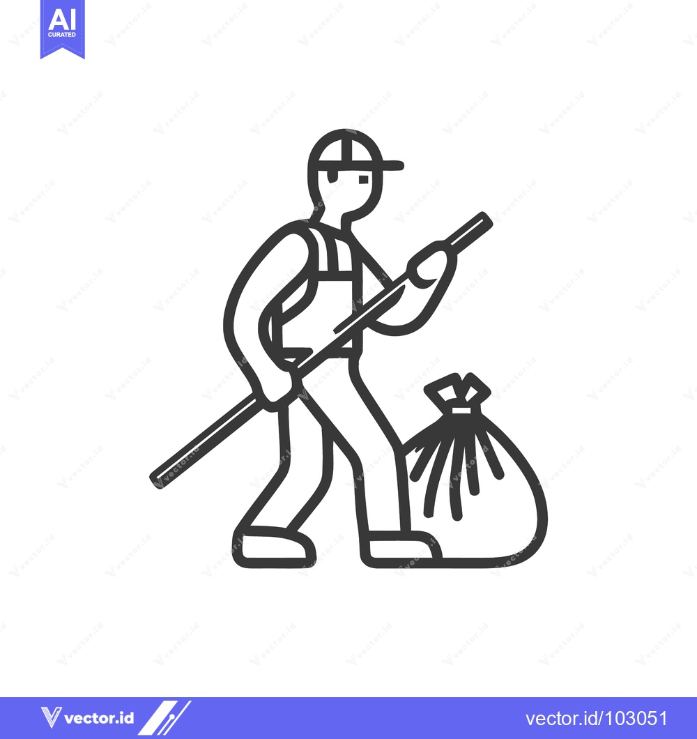 Premium Vector dari Monochrome Line Art Icon: Worker Cleaning Up Waste with Litter Picker