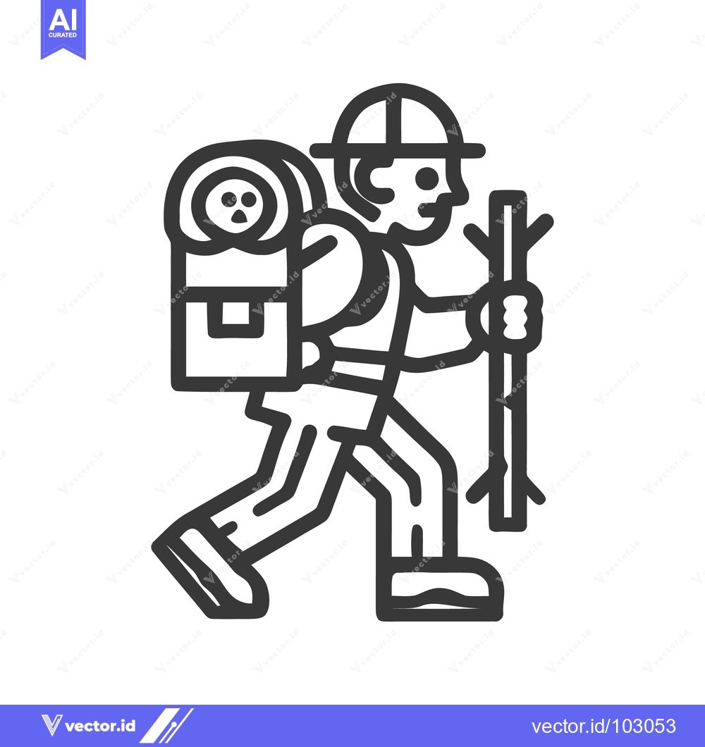 Premium Vector of Stylized Hiker Icon with Backpack and Walking Stick for Outdoor Advent