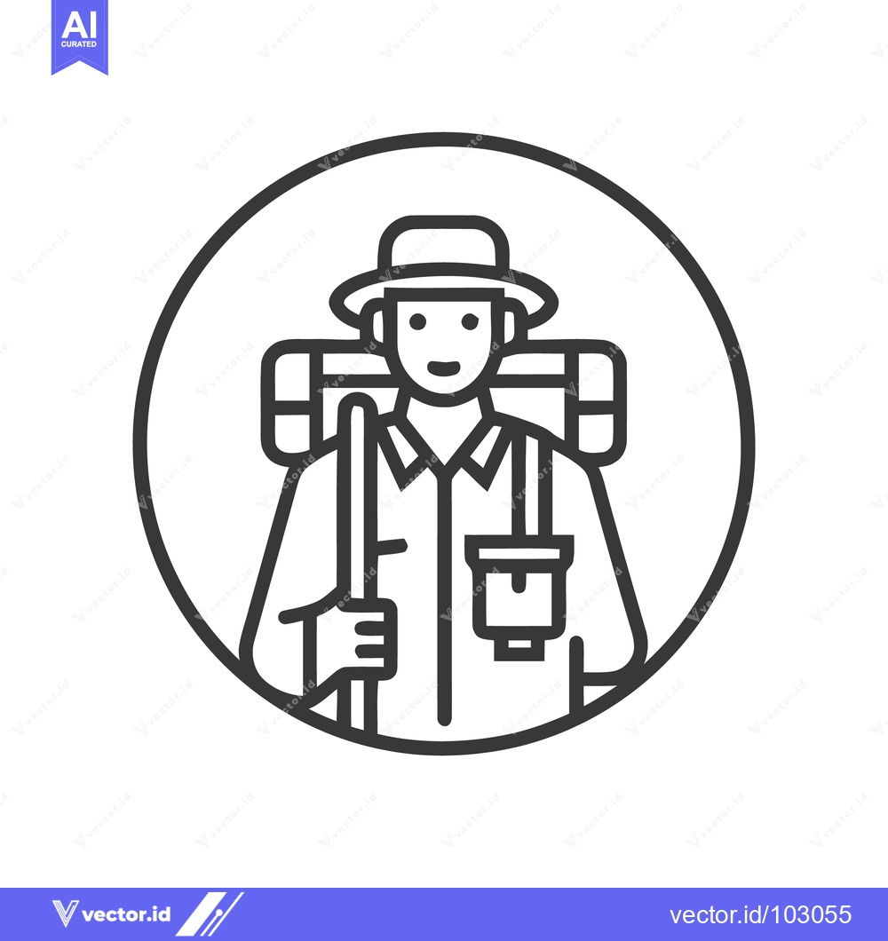 Premium Vector dari Smiling Hiker Line Art Icon with Backpack and Hat for Outdoor Adventur
