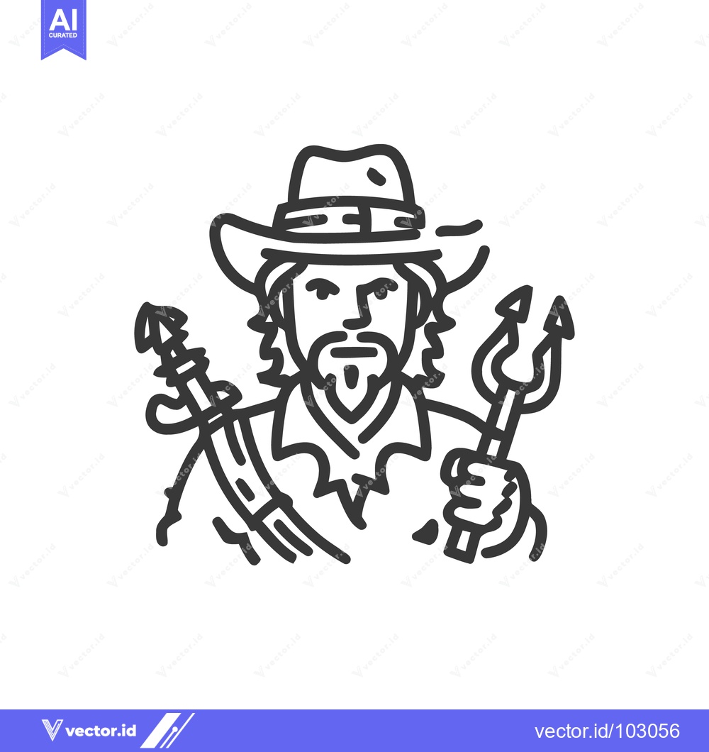 Premium Vector of Rustic Monoline Icon: Bearded Fisherman in Cowboy Hat Holding Spear an