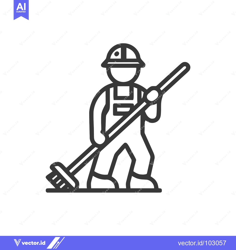 Premium Vector dari Minimalist Line Icon of a Worker Sweeping with a Broom, Cleaning Servi