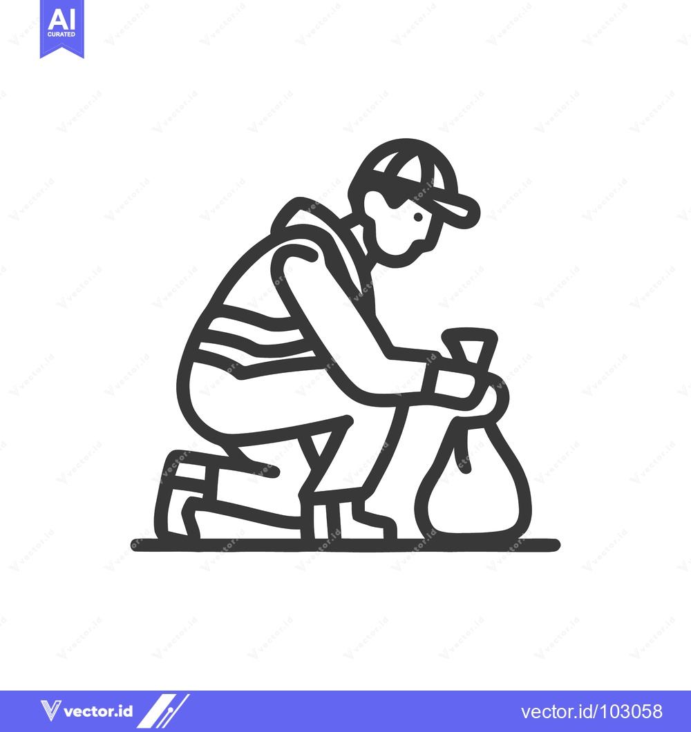Premium Vector of Minimalist Line Art Icon of Person Kneeling, Picking Up Trash into Bag