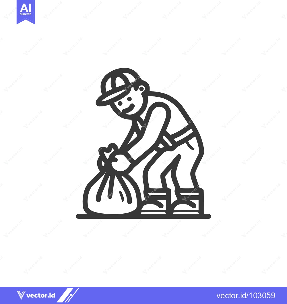 Premium Vector dari Smiling Line Art Icon of Worker Collecting Waste Bag, Symbolizing Clea