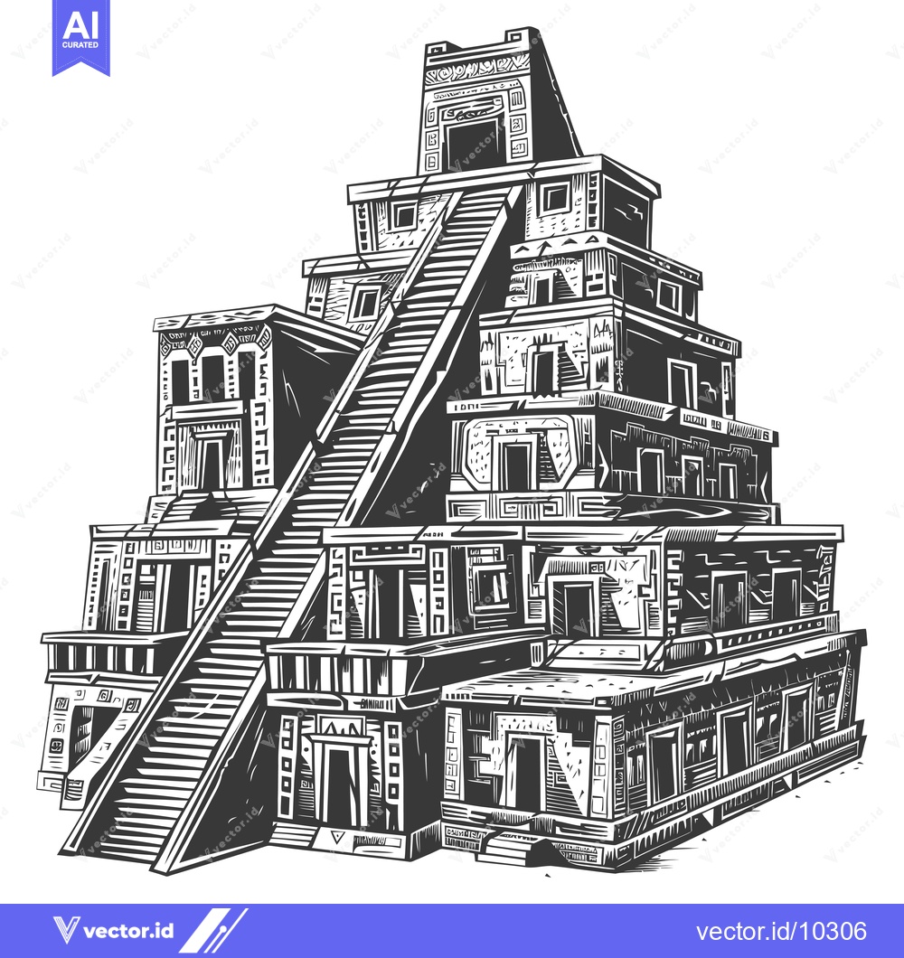 Premium Vector of A Black and White Illustration of an Ancient Mayan Temple