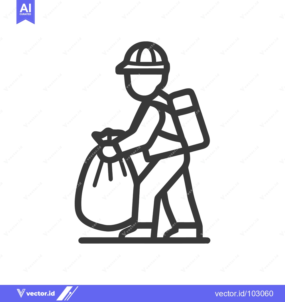 Premium Vector dari Minimalist Vector Icon: Worker in Hat and Backpack Carrying Large Tied