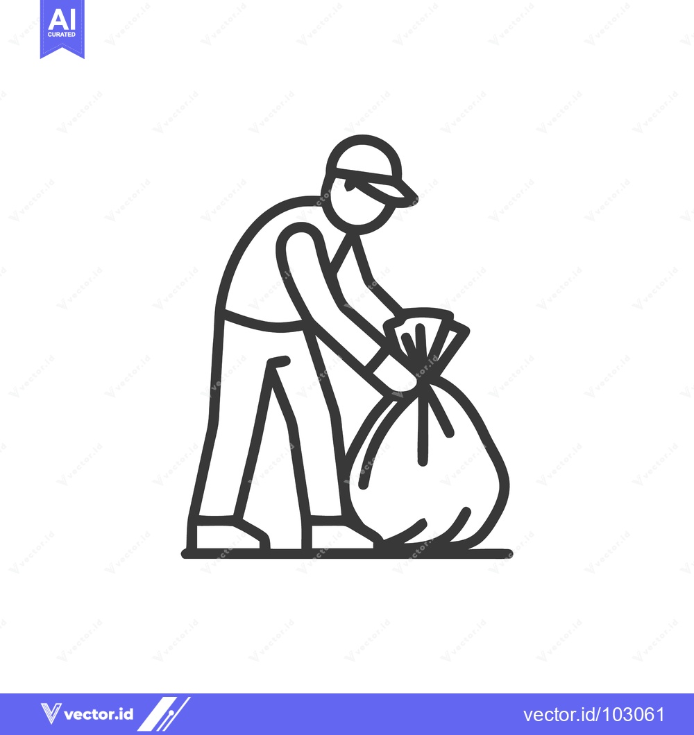 Premium Vector dari Monochrome Line Art Icon of a Person Collecting Garbage Bag, Represent