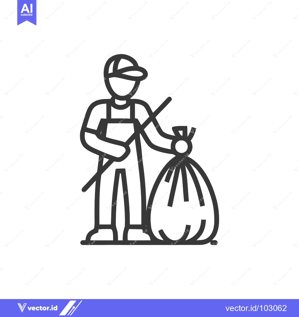 Premium Vector dari Monochrome Line Icon: Public Cleaner with Trash Bag and Litter Picker