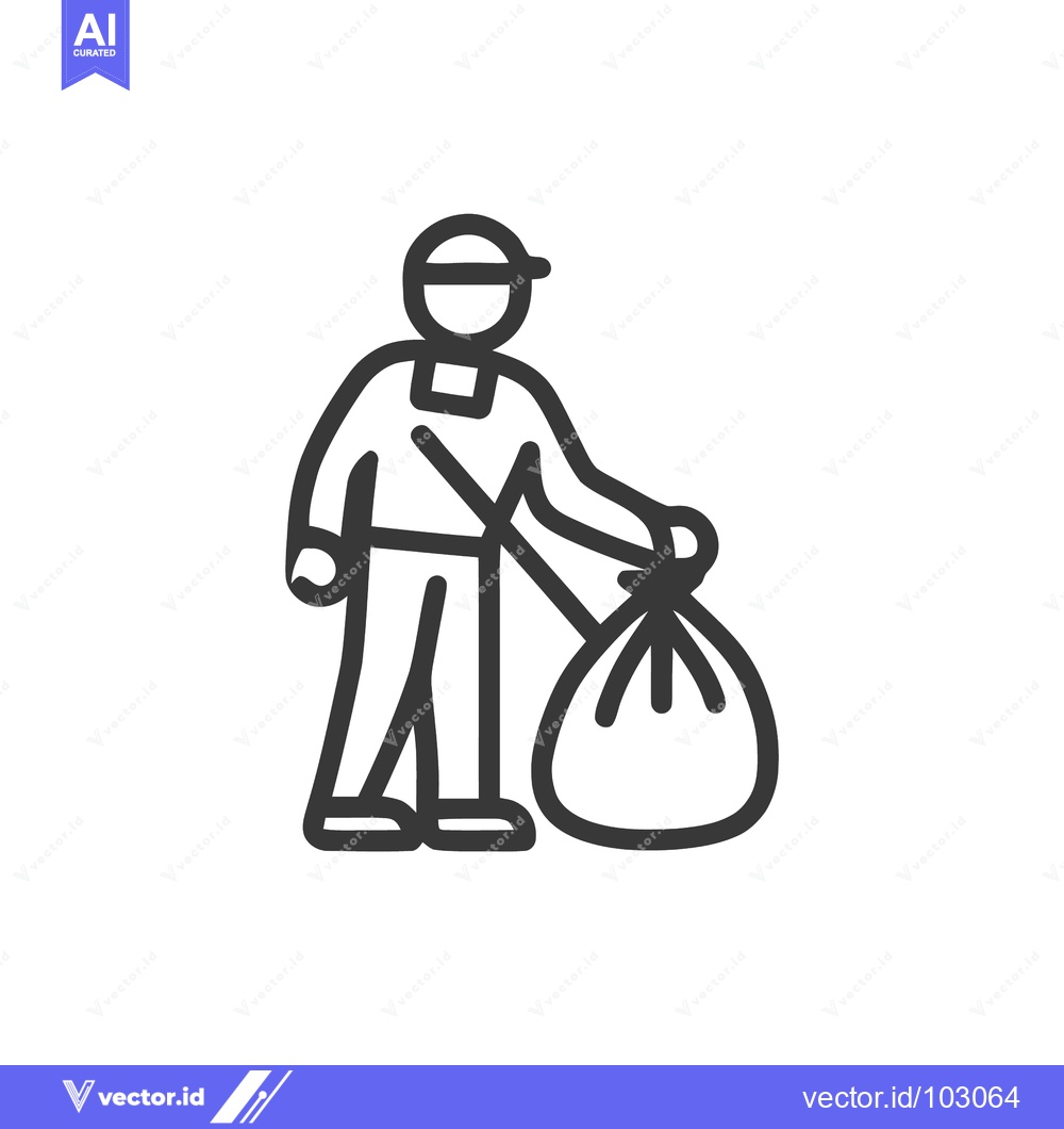 Premium Vector dari Clean Line Art Icon: Person in Cap Holding Tied Trash Bag, Symbolizing