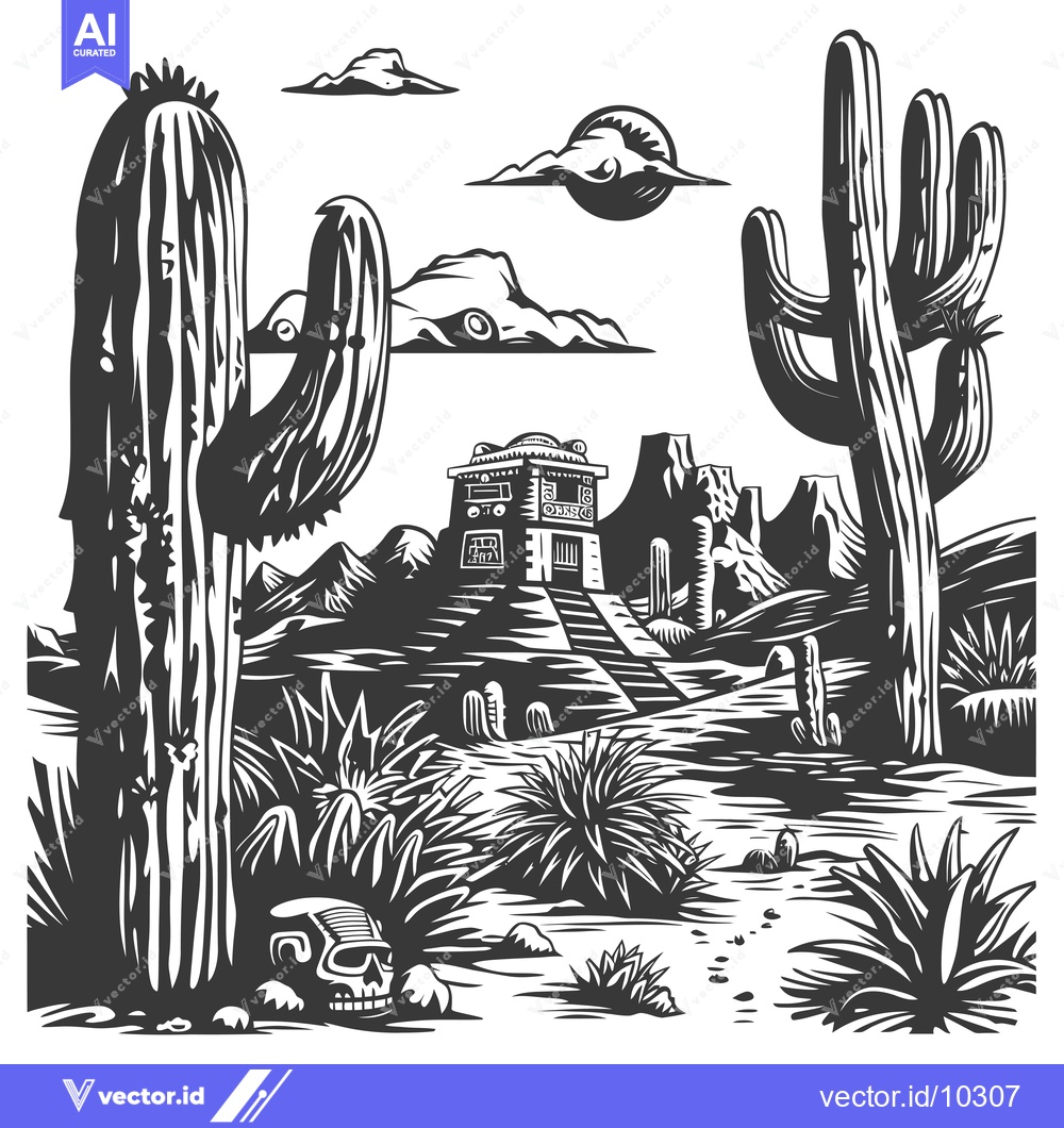 Premium Vector of A Black and White Illustration of an Ancient Mayan Temple in a Desert