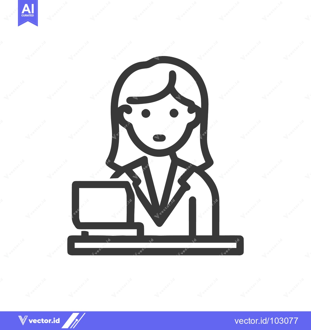Premium Vector of Modern Line Art Icon of a Professional Woman at Desk with Laptop, Mini