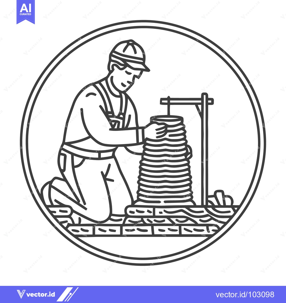 Premium Vector of Skilled Craftsman Laying Bricks with Plumb Line in Monochrome Line Art