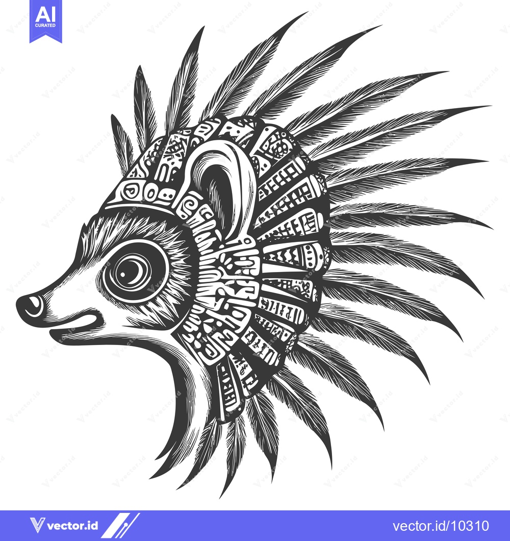 Premium Vector of A Black and White Illustration of an Animal Wearing a Feather Headdres