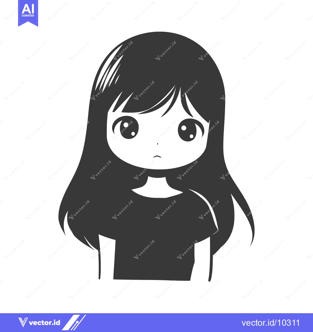 Premium Vector dari A black and white illustration of an anime girl with long hair