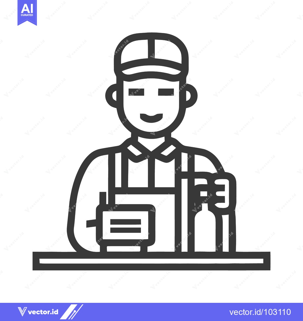 Premium Vector dari Smiling Service Worker Icon with Bottle and Terminal, Minimal Line Art