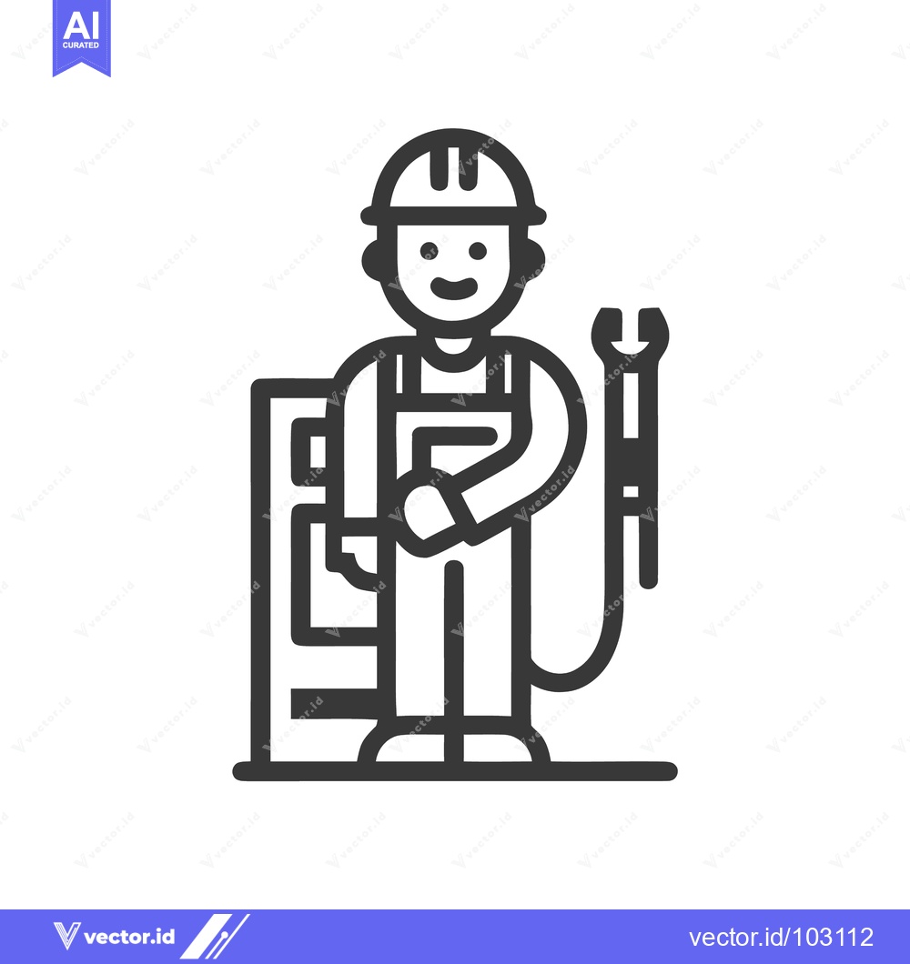 Premium Vector of Smiling Industrial Worker Icon with Wrench and Control Panel, Minimali
