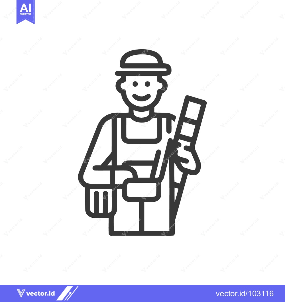 Premium Vector dari Smiling Tradesman Icon with Ladder and Tool, Minimalist Line Art for C