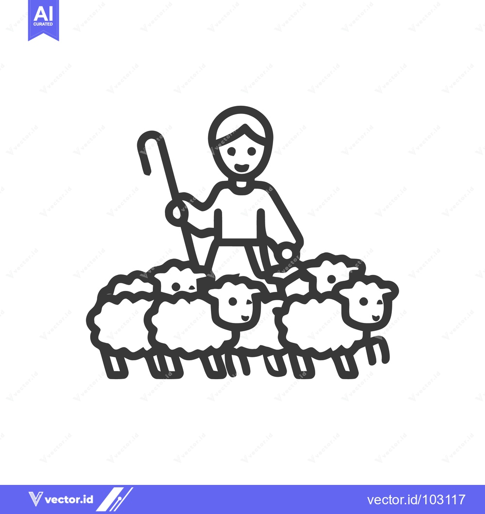 Premium Vector of Minimalist Line Art Icon of Smiling Shepherd with Flock of Sheep
