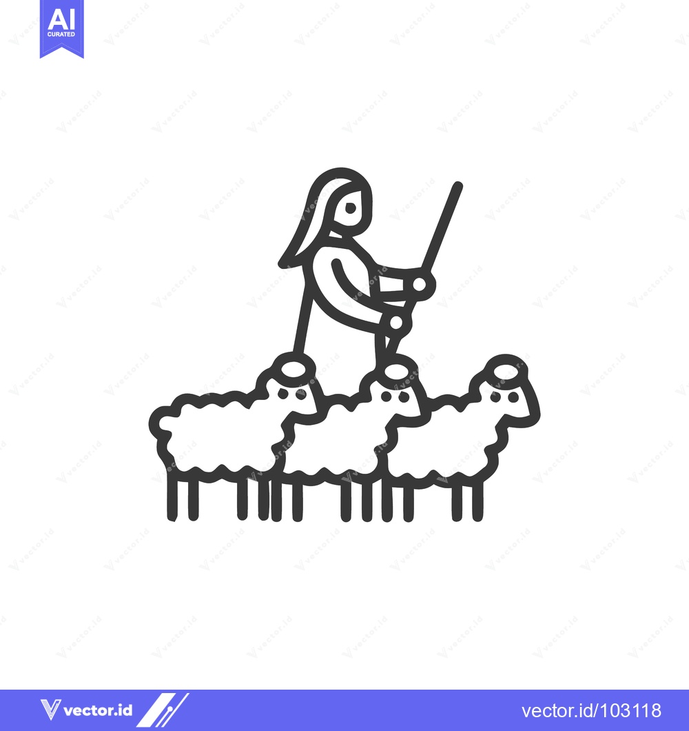 Premium Vector dari Clean Line Art Icon: Shepherd with Staff and Three Sheep, Minimalist P
